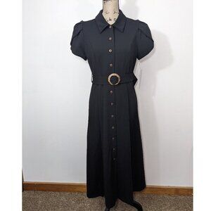 NWT Calvin Klein Women's Scuba Crepe Belted Shirt dress A-line Black size 8